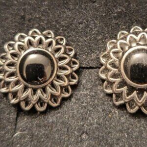 Black Onyx Sterling Silver Filagree Flower Earrings - Flat Back with Clutch Post